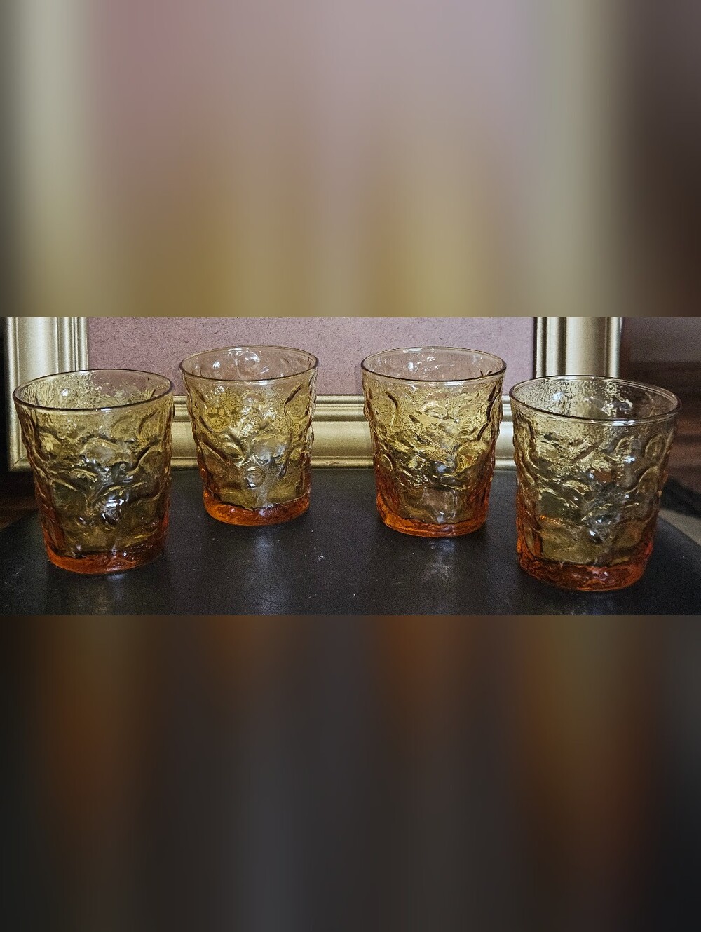 4 Vintage Anchor Hocking Amber Honey Gold Lido Milano Juice Glass Bumpy